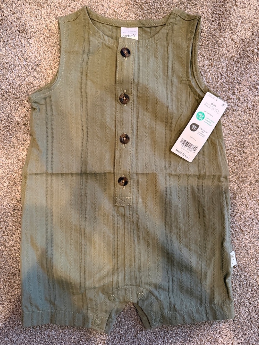 Carter's Olive Green Textured Button Romper 3-6 Months NWT